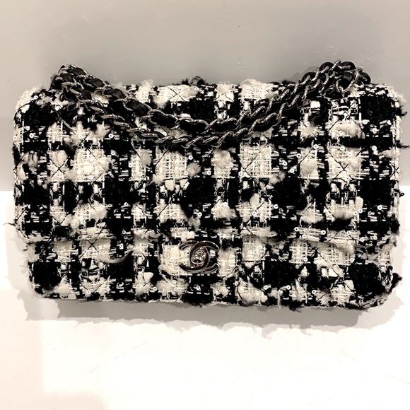 CHANEL 🖤 RARE Black White Tweed Sequins Houndstooth Quilted 2.55 Double Flap Bag - Picture 3 of 16